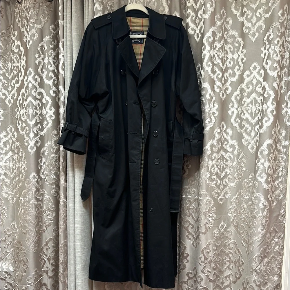 Burberrys Long Vintage Trench Coat Jacket Plaid Lining Black Size 10 X-Long - Picture 2 of 14